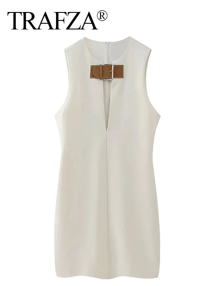 Women's Sexy Hollow Out Leather Buckle Mini Dress with Sleeveless O Neck Design and Solid Elegant Fit