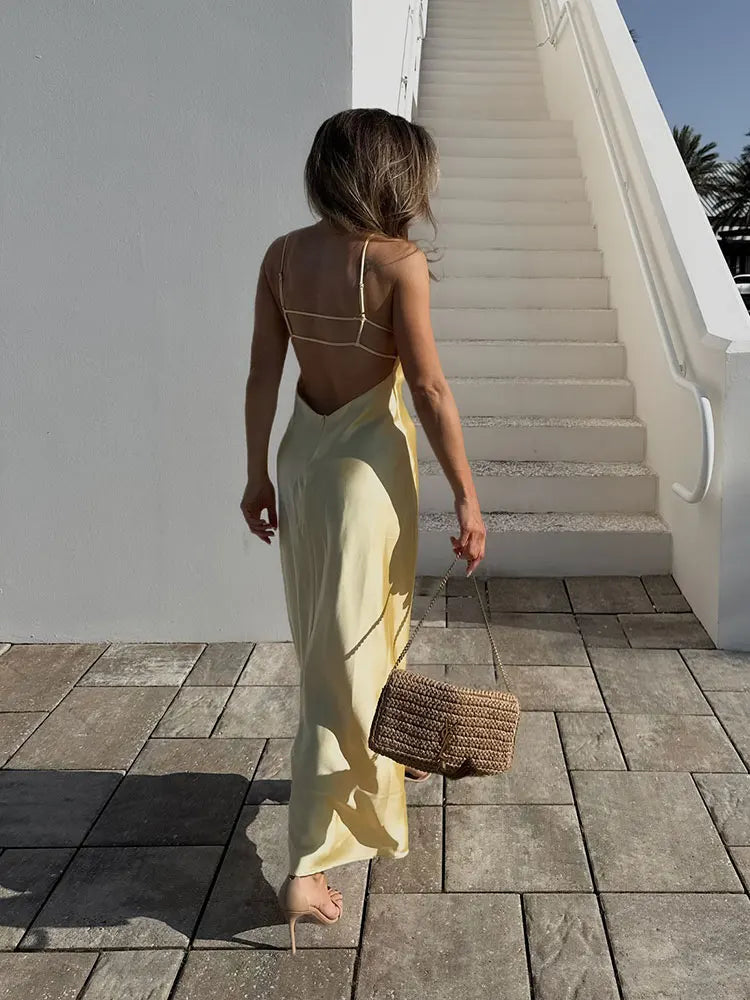 Elegant Summer Yellow V Neck Sling Dress for Women Sleeveless Maxi Robe Perfect for Parties and Holidays