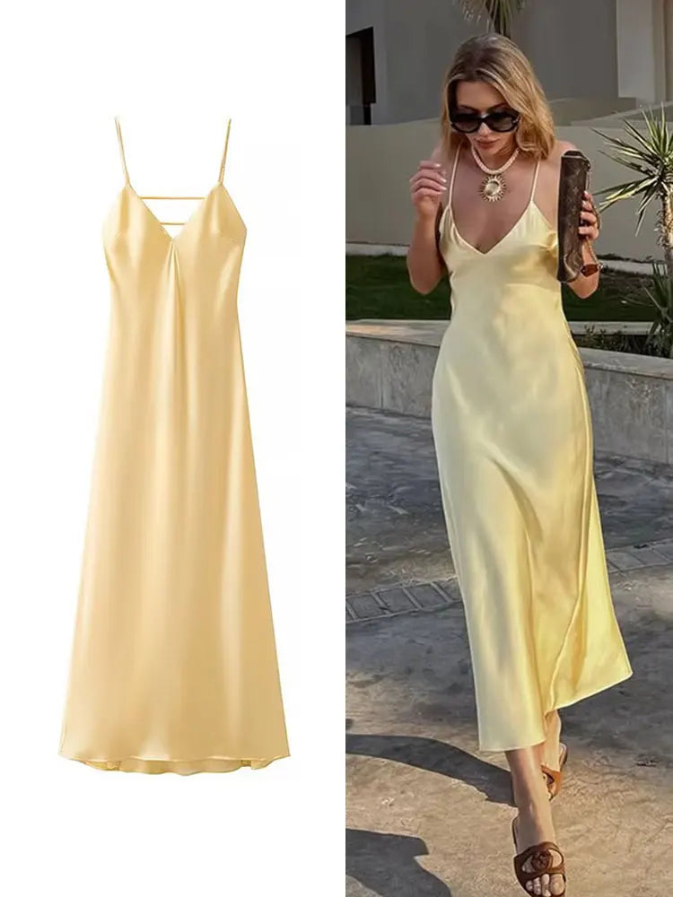 Elegant Summer Yellow V Neck Sling Dress for Women Sleeveless Maxi Robe Perfect for Parties and Holidays