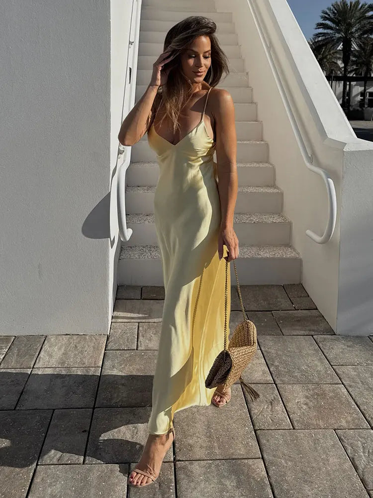 Elegant Summer Yellow V Neck Sling Dress for Women Sleeveless Maxi Robe Perfect for Parties and Holidays