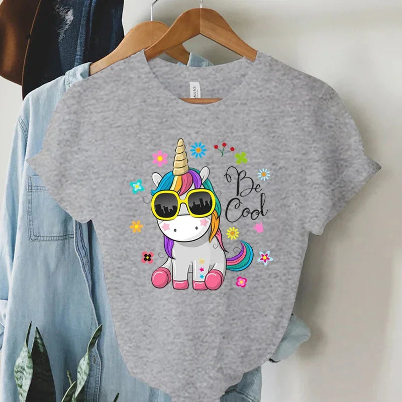 Cool Unicorn Print Short Sleeve T-Shirt for Women Summer Casual Harajuku Style Y2K Aesthetic Graphic Cartoon Tee