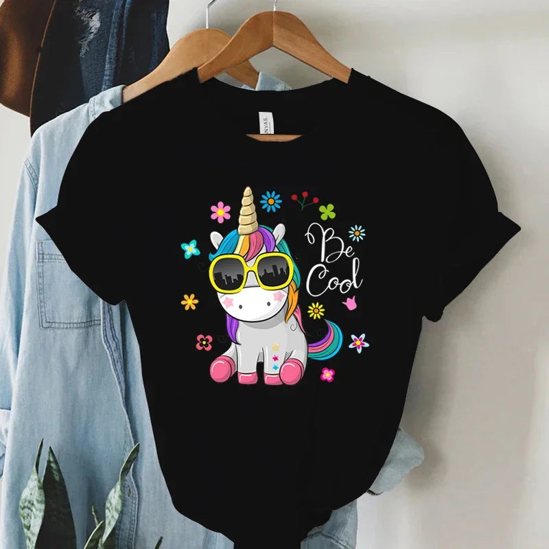 Cool Unicorn Print Short Sleeve T-Shirt for Women Summer Casual Harajuku Style Y2K Aesthetic Graphic Cartoon Tee