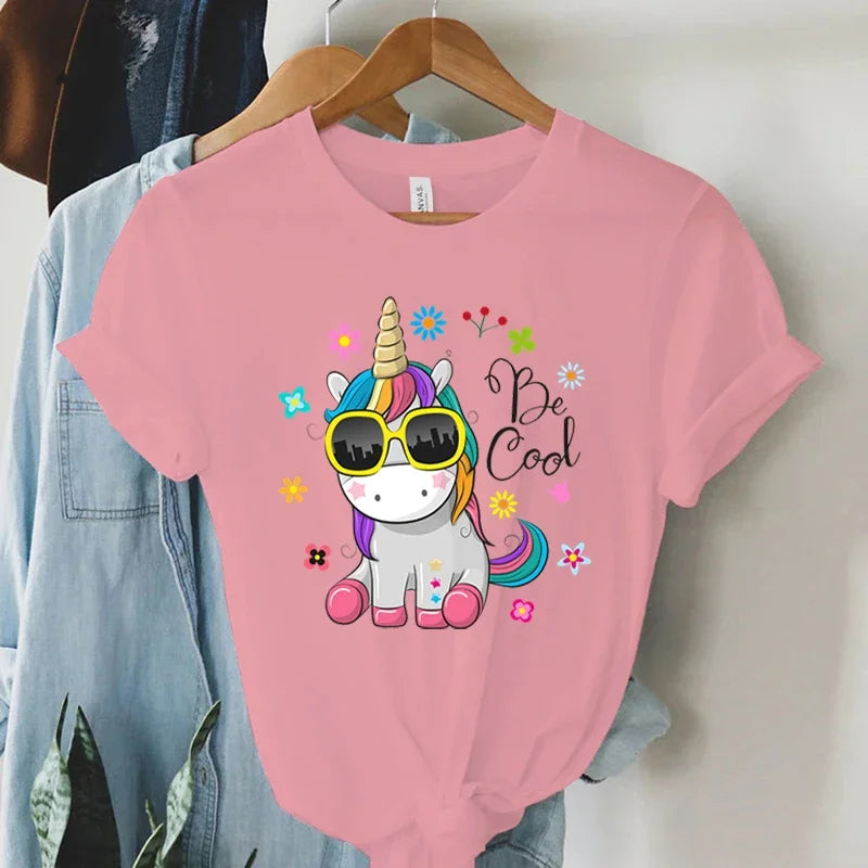 Cool Unicorn Print Short Sleeve T-Shirt for Women Summer Casual Harajuku Style Y2K Aesthetic Graphic Cartoon Tee