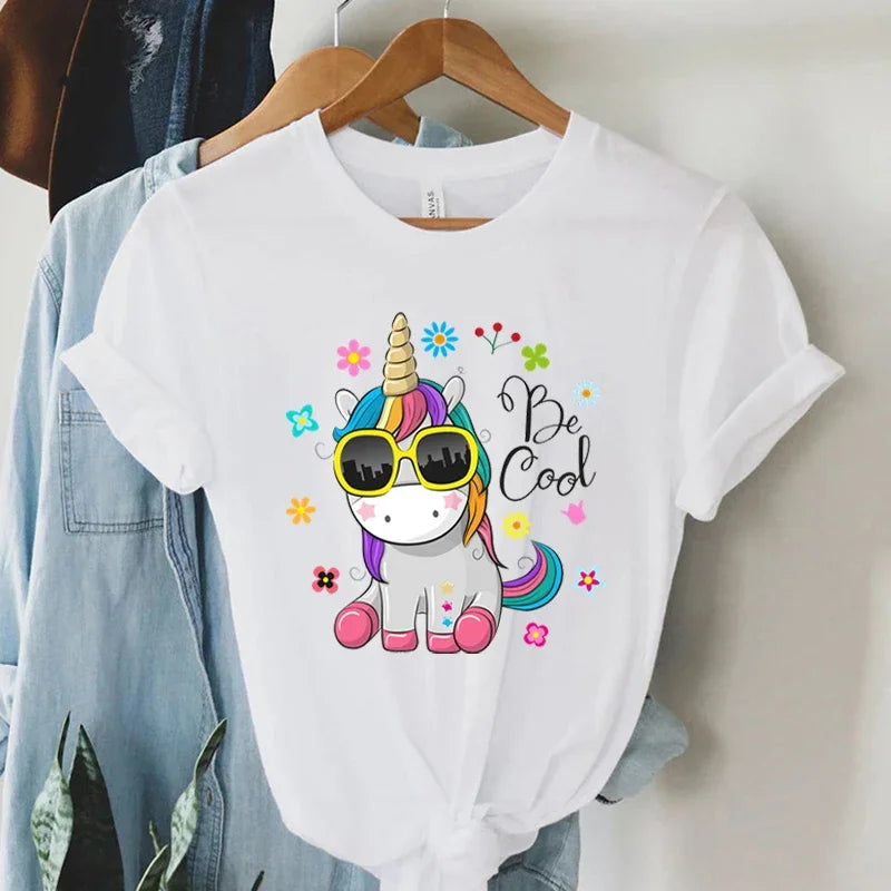 Cool Unicorn Print Short Sleeve T-Shirt for Women Summer Casual Harajuku Style Y2K Aesthetic Graphic Cartoon Tee