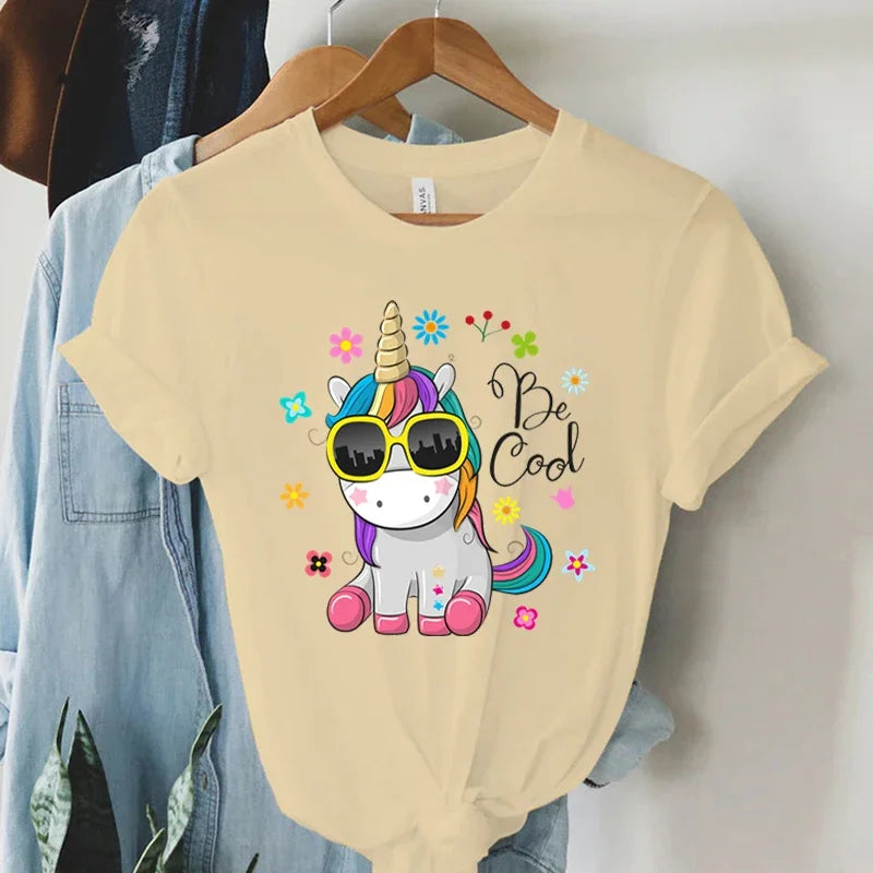 Cool Unicorn Print Short Sleeve T-Shirt for Women Summer Casual Harajuku Style Y2K Aesthetic Graphic Cartoon Tee