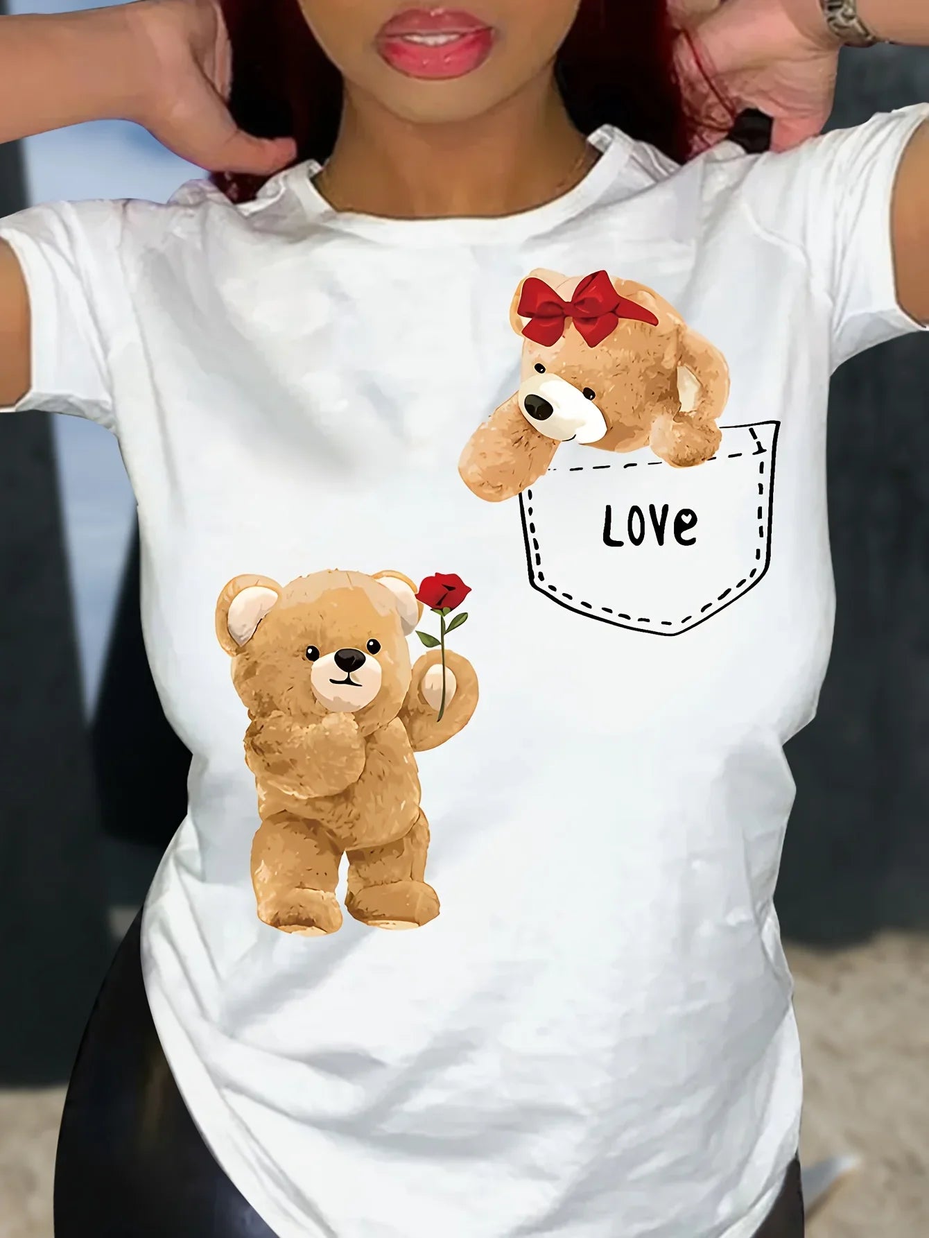 Cute Bear Print Short Sleeve T-Shirt for Women Soft Crew Neck Casual Top for Spring and Summer Everyday Wear