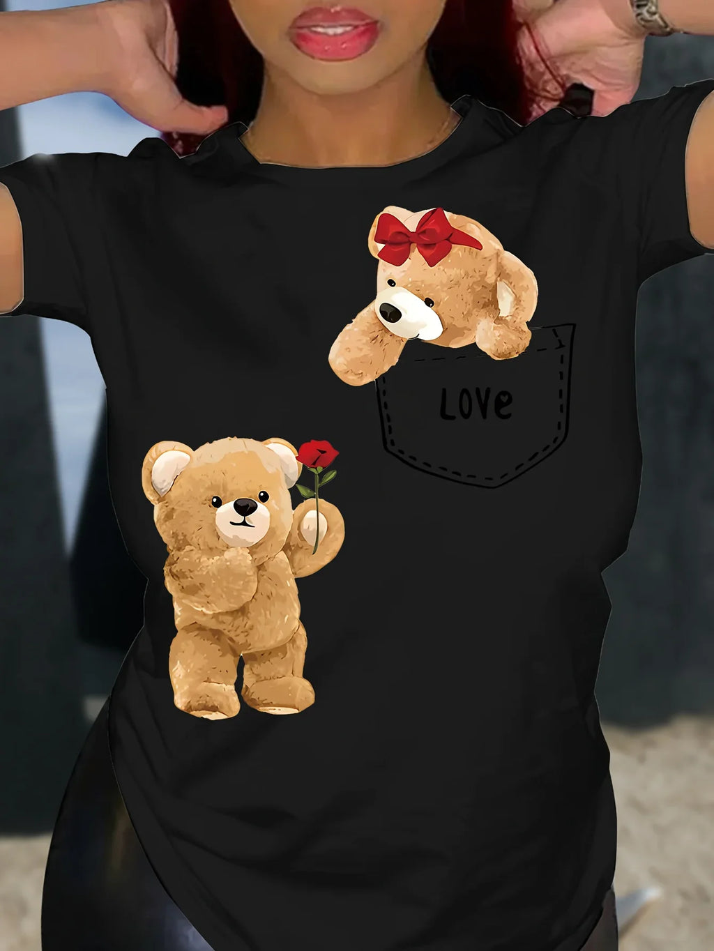 Cute Bear Print Short Sleeve T-Shirt for Women Soft Crew Neck Casual Top for Spring and Summer Everyday Wear