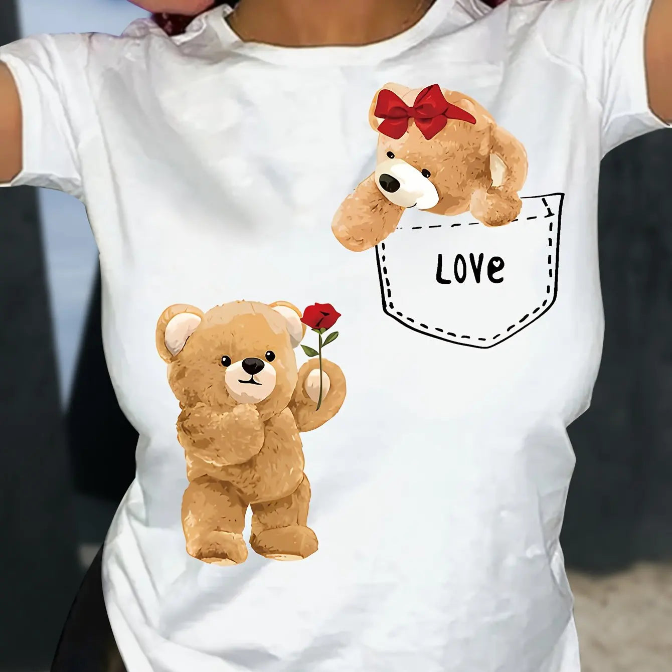 Cute Bear Print Short Sleeve T-Shirt for Women Soft Crew Neck Casual Top for Spring and Summer Everyday Wear