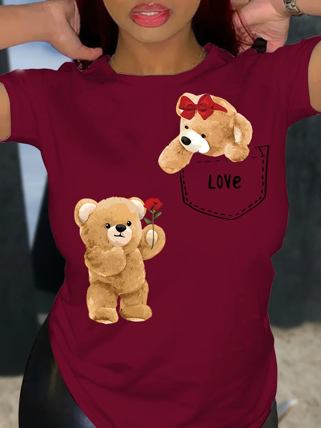 Cute Bear Print Short Sleeve T-Shirt for Women Soft Crew Neck Casual Top for Spring and Summer Everyday Wear