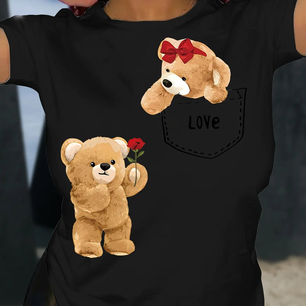 Cute Bear Print Short Sleeve T-Shirt for Women Soft Crew Neck Casual Top for Spring and Summer Everyday Wear