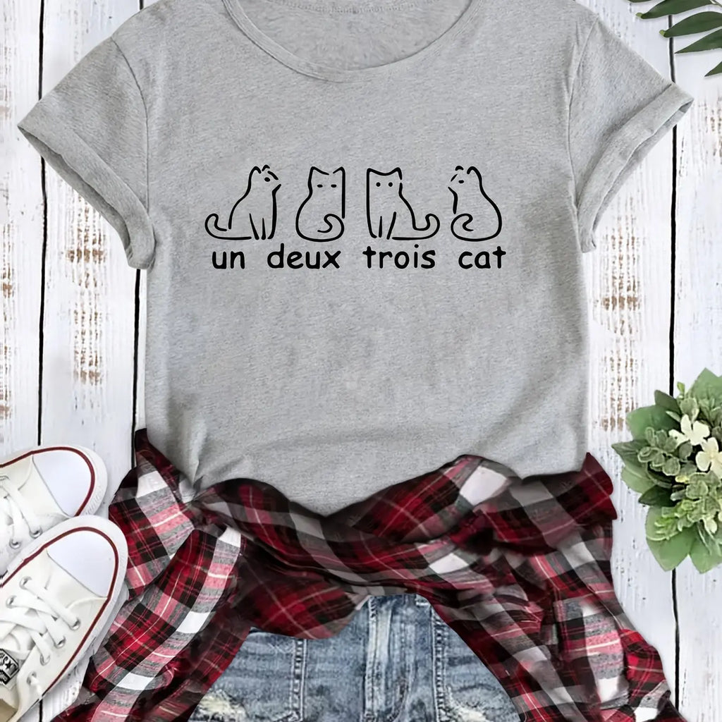 Women's Casual Short Sleeve T-Shirt with Funny French Cats Print Un Deux Trois Cat Graphic Summer Top Harajuku Style
