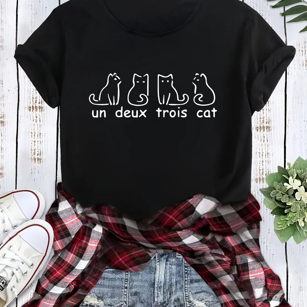 Women's Casual Short Sleeve T-Shirt with Funny French Cats Print Un Deux Trois Cat Graphic Summer Top Harajuku Style