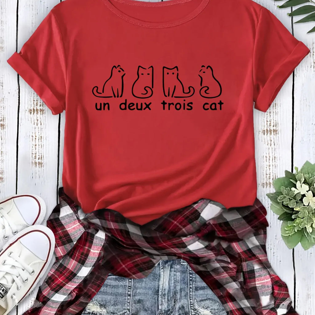 Women's Casual Short Sleeve T-Shirt with Funny French Cats Print Un Deux Trois Cat Graphic Summer Top Harajuku Style