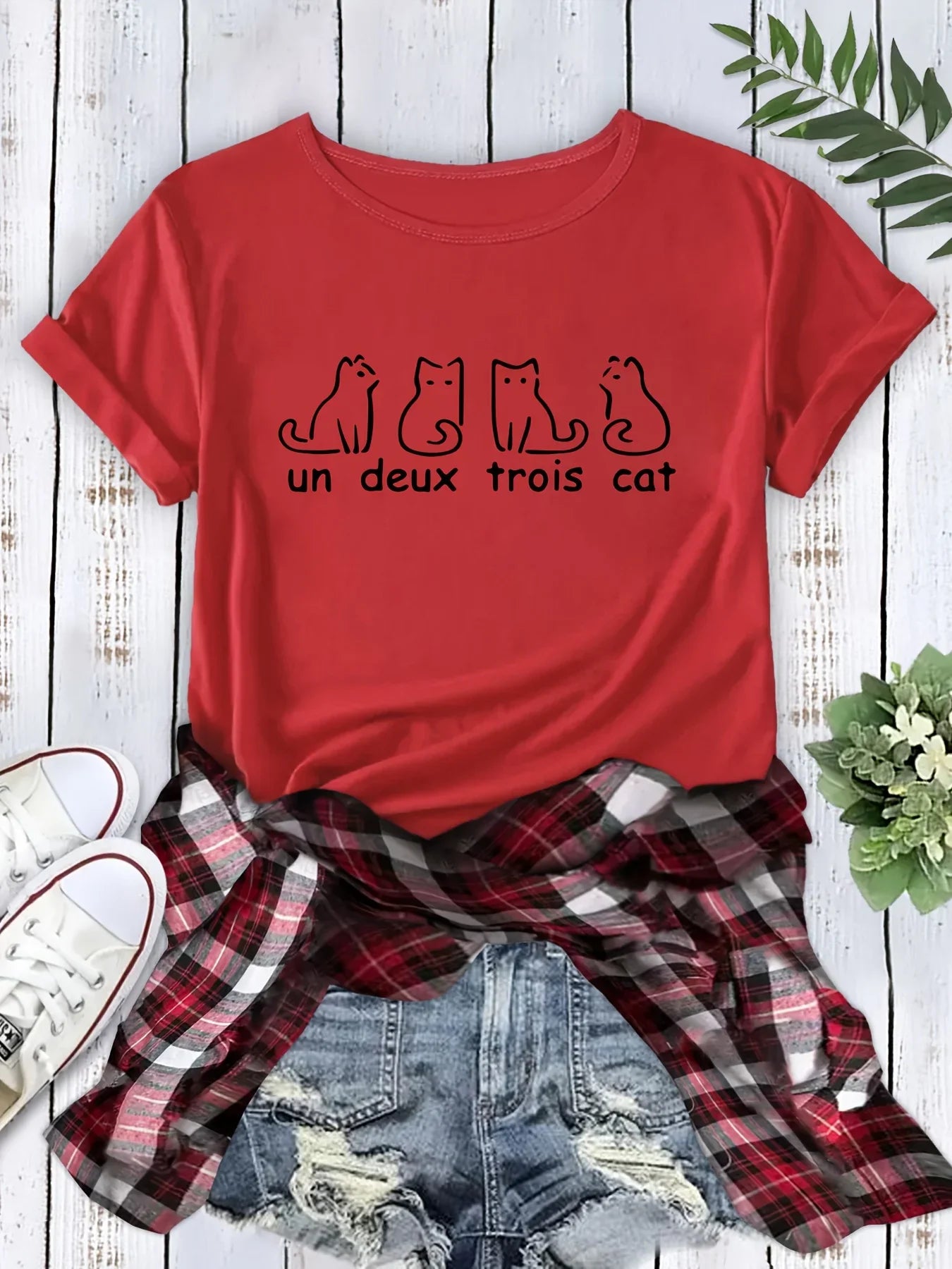 Women's Casual Short Sleeve T-Shirt with Funny French Cats Print Un Deux Trois Cat Graphic Summer Top Harajuku Style