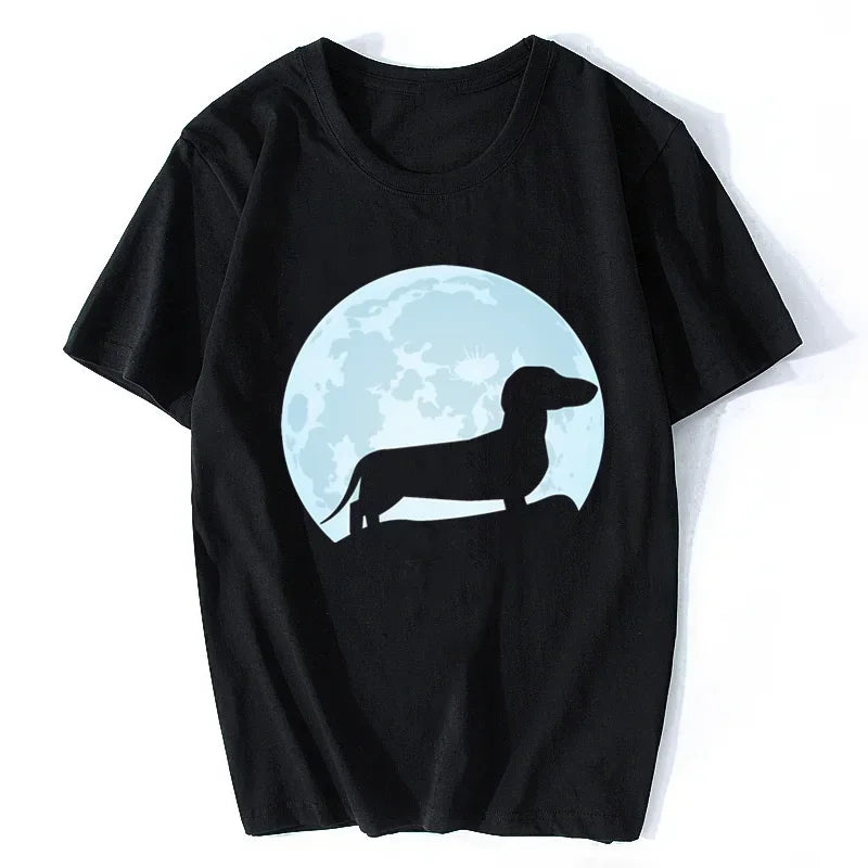 Moon Dachshund Lover T Shirt Unisex O Neck Short Sleeve Wiener Dog Graphic Tee Casual Streetwear Top Gift
