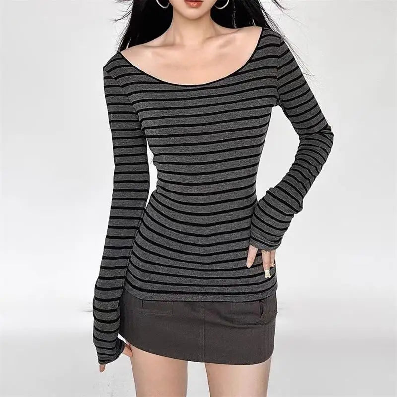 Y2K Grunge Emo Vintage Black and Grey Striped Off Shoulder Long Sleeve T-Shirt Chic Retro Goth Jumper Top for Women Autumn Fashion