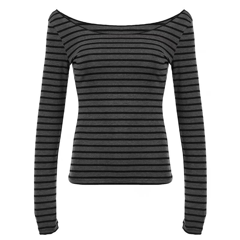 Y2K Grunge Emo Vintage Black and Grey Striped Off Shoulder Long Sleeve T-Shirt Chic Retro Goth Jumper Top for Women Autumn Fashion