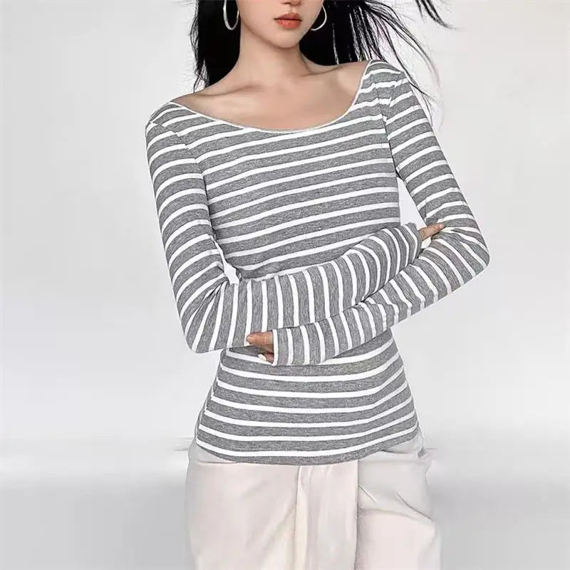 Y2K Grunge Emo Vintage Black and Grey Striped Off Shoulder Long Sleeve T-Shirt Chic Retro Goth Jumper Top for Women Autumn Fashion