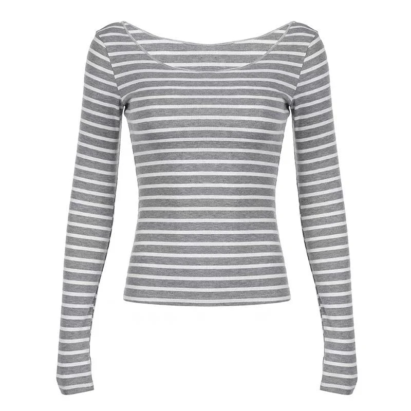 Y2K Grunge Emo Vintage Black and Grey Striped Off Shoulder Long Sleeve T-Shirt Chic Retro Goth Jumper Top for Women Autumn Fashion