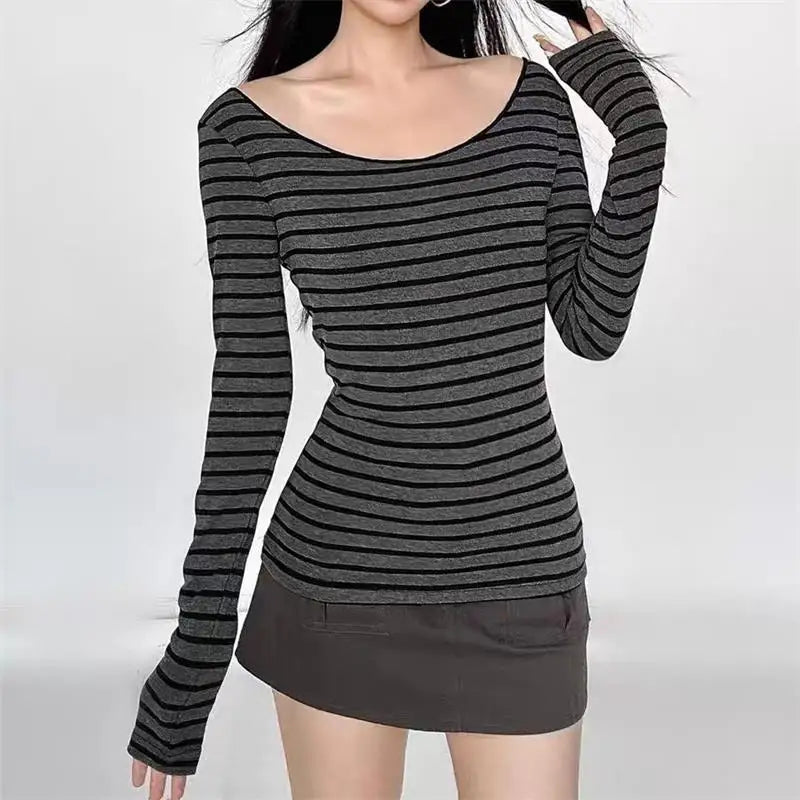 Y2K Grunge Emo Vintage Black and Grey Striped Off Shoulder Long Sleeve T-Shirt Chic Retro Goth Jumper Top for Women Autumn Fashion