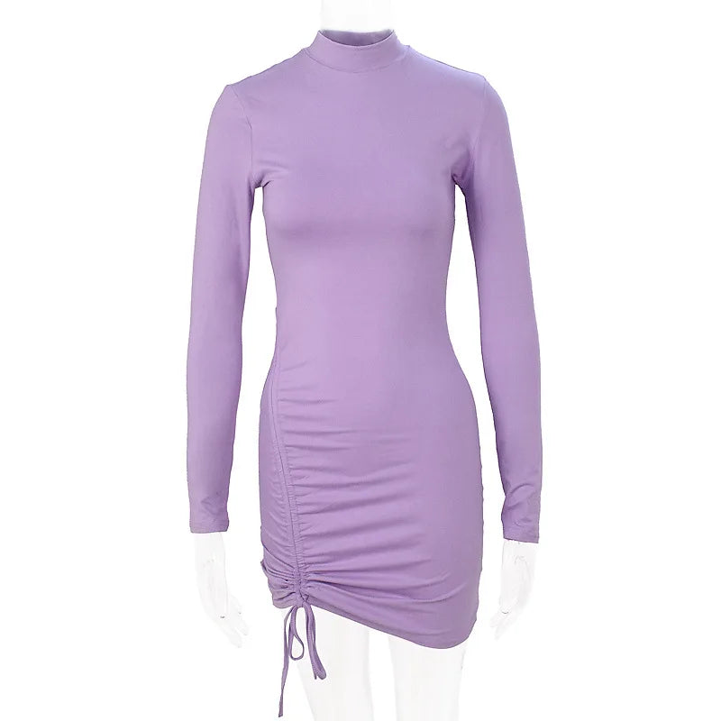Elegant Lace Up Dress Solid Pleated Slim Fit Mini Bodycon Dress for Parties and Casual Wear in Purple and Black