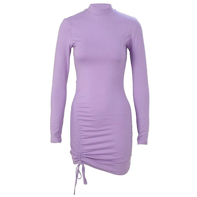 Elegant Lace Up Dress Solid Pleated Slim Fit Mini Bodycon Dress for Parties and Casual Wear in Purple and Black