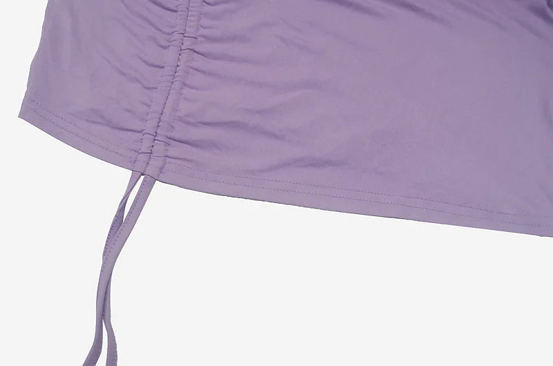 Elegant Lace Up Dress Solid Pleated Slim Fit Mini Bodycon Dress for Parties and Casual Wear in Purple and Black