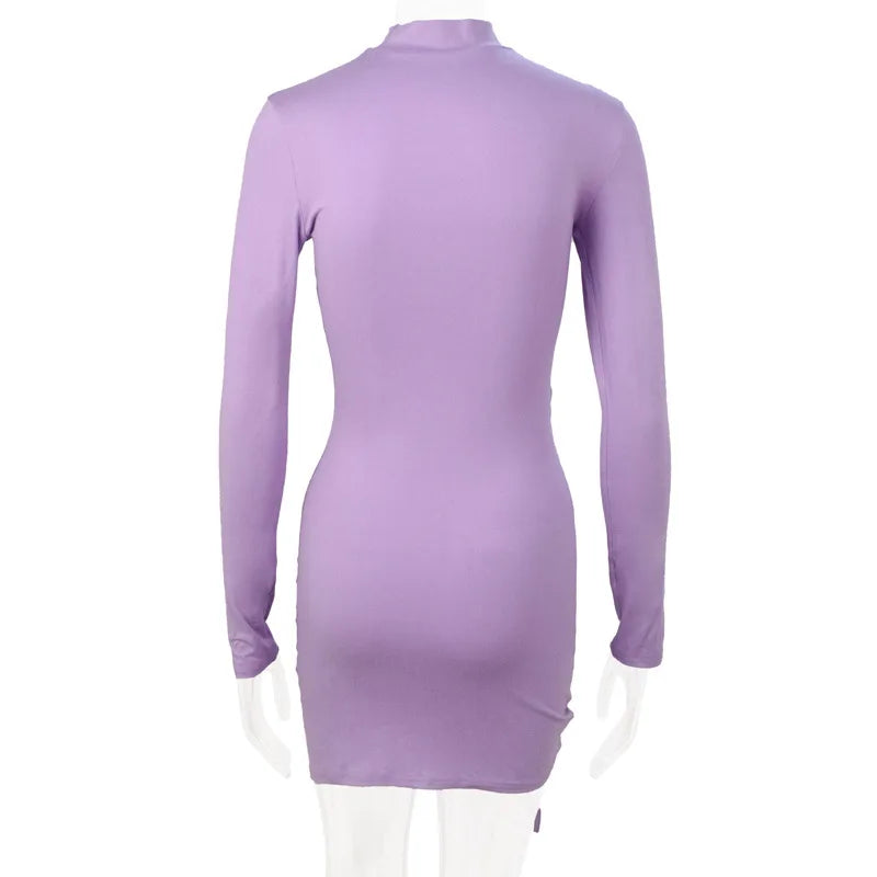 Elegant Lace Up Dress Solid Pleated Slim Fit Mini Bodycon Dress for Parties and Casual Wear in Purple and Black