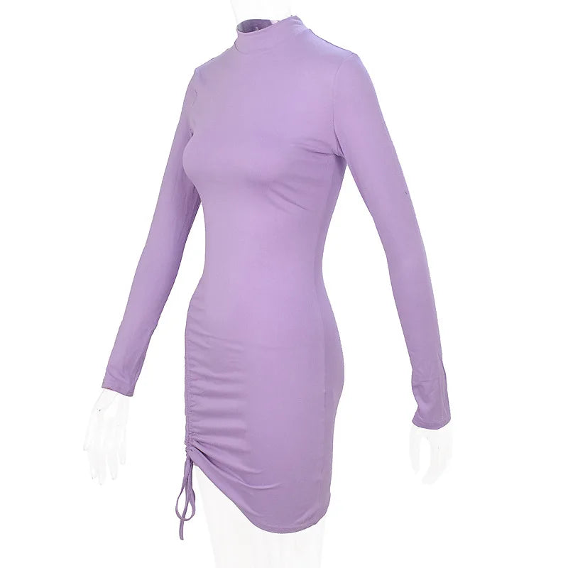 Elegant Lace Up Dress Solid Pleated Slim Fit Mini Bodycon Dress for Parties and Casual Wear in Purple and Black
