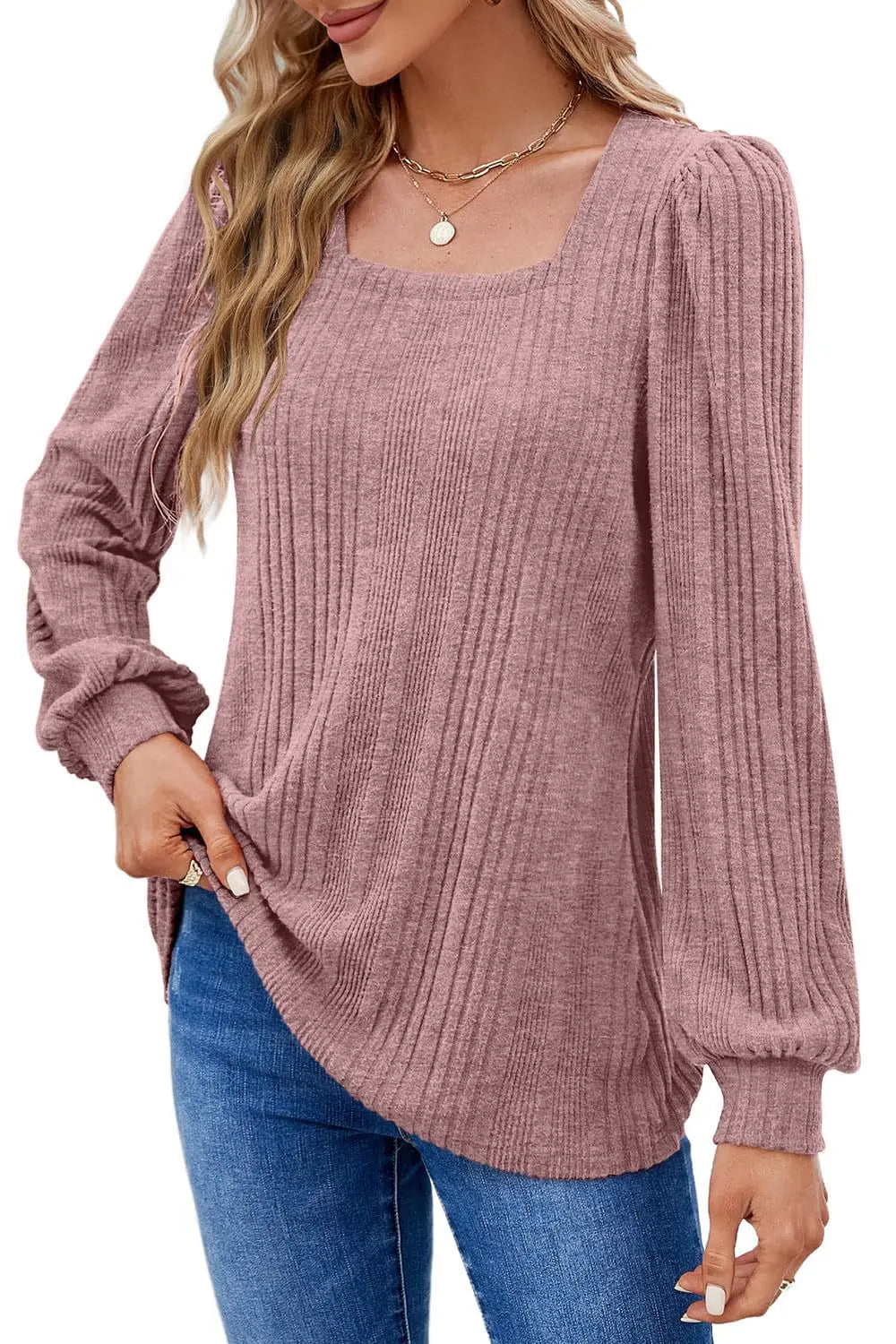 Women's Autumn Winter Casual Long Sleeve Top with Pit Stripe Square Neck Design