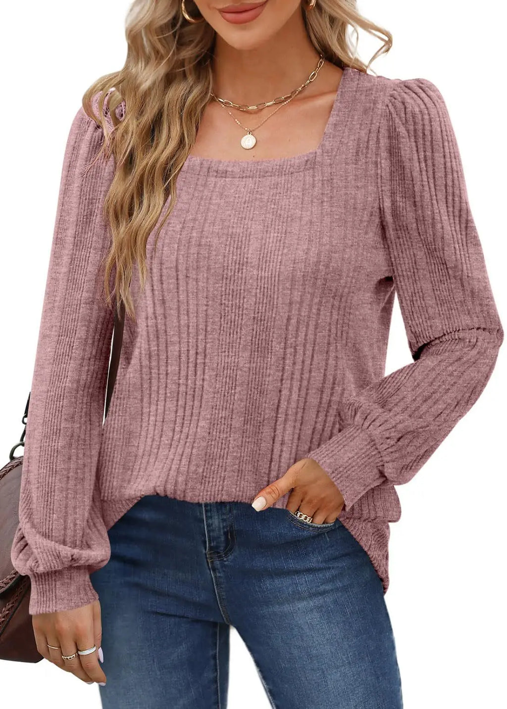 Women's Autumn Winter Casual Long Sleeve Top with Pit Stripe Square Neck Design