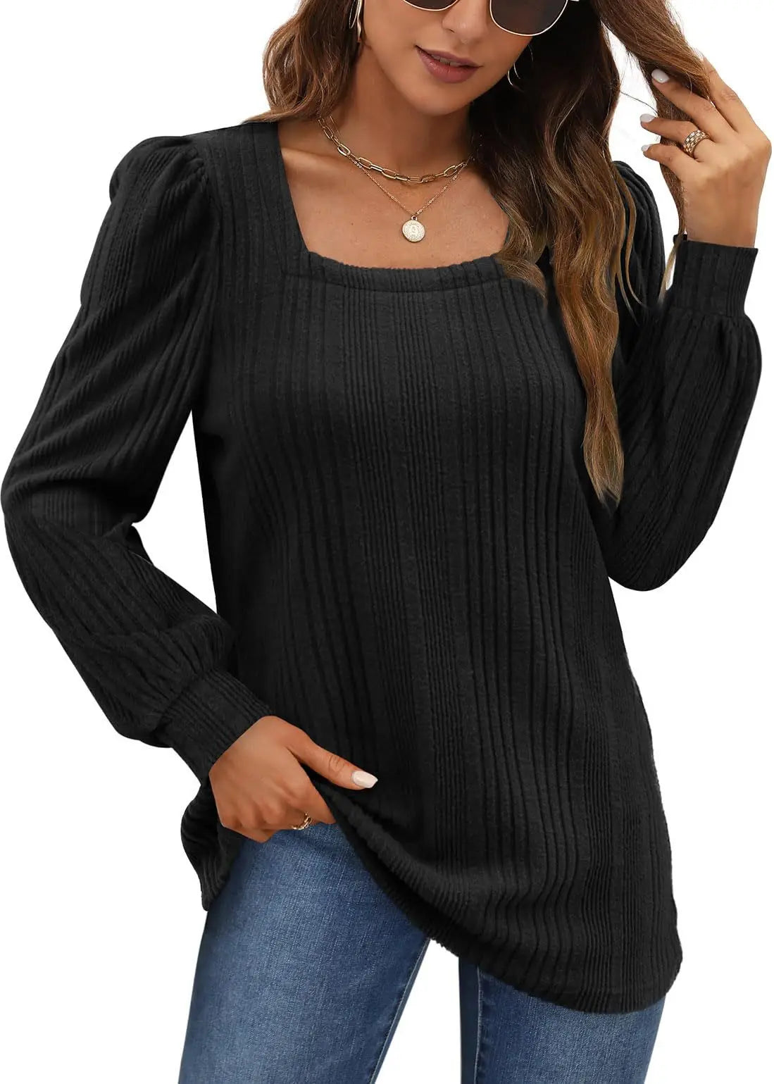 Women's Autumn Winter Casual Long Sleeve Top with Pit Stripe Square Neck Design