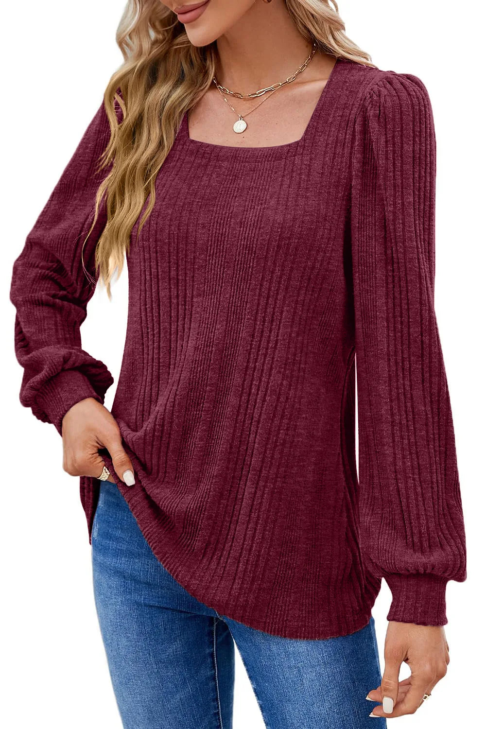 Women's Autumn Winter Casual Long Sleeve Top with Pit Stripe Square Neck Design