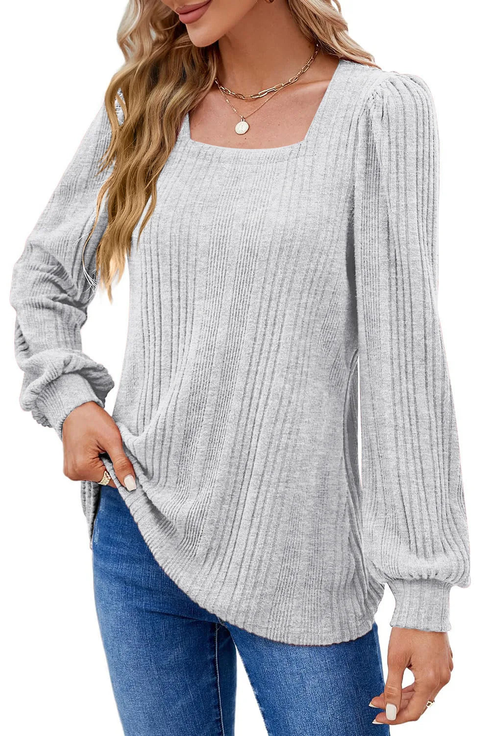 Women's Autumn Winter Casual Long Sleeve Top with Pit Stripe Square Neck Design