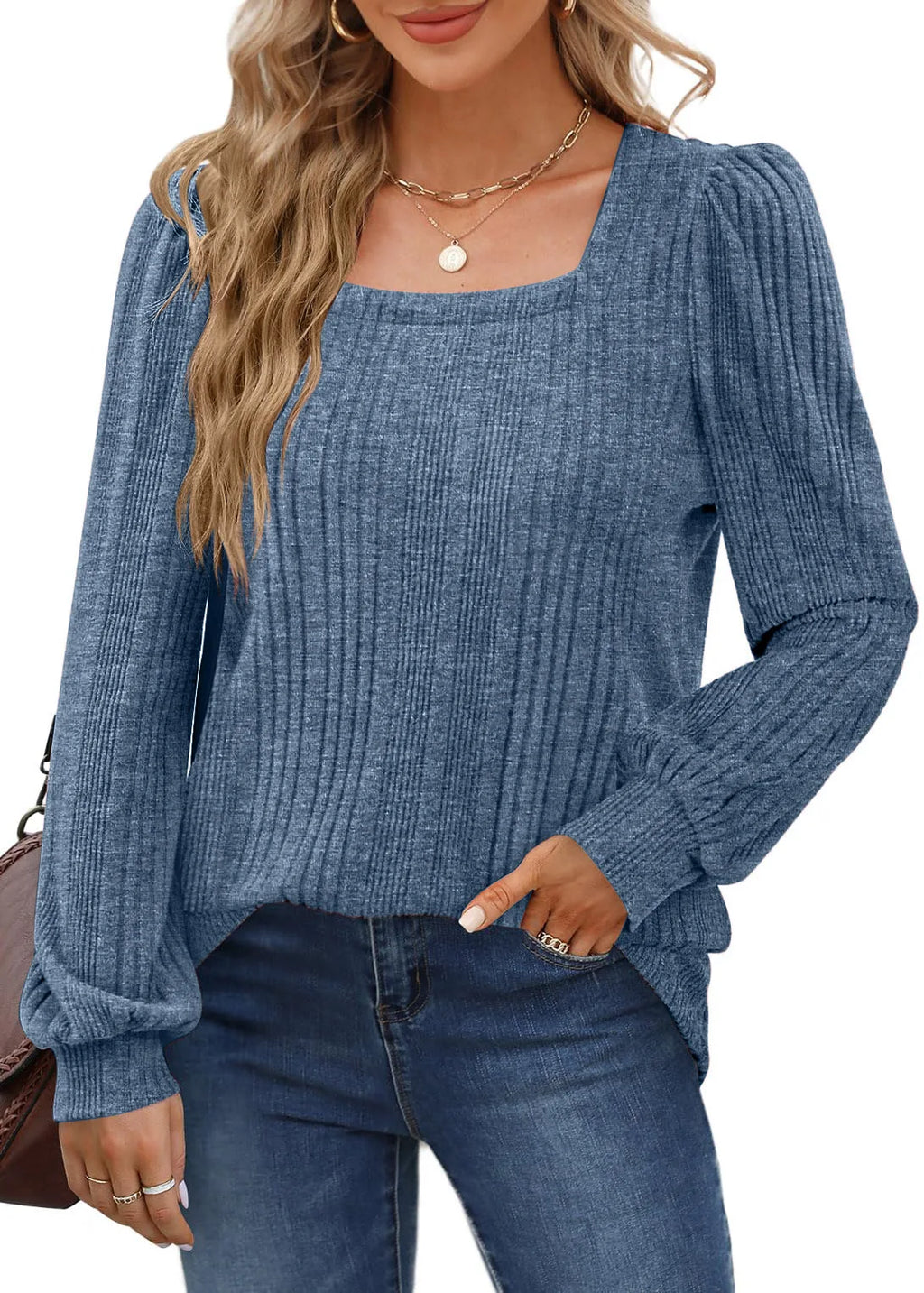 Women's Autumn Winter Casual Long Sleeve Top with Pit Stripe Square Neck Design