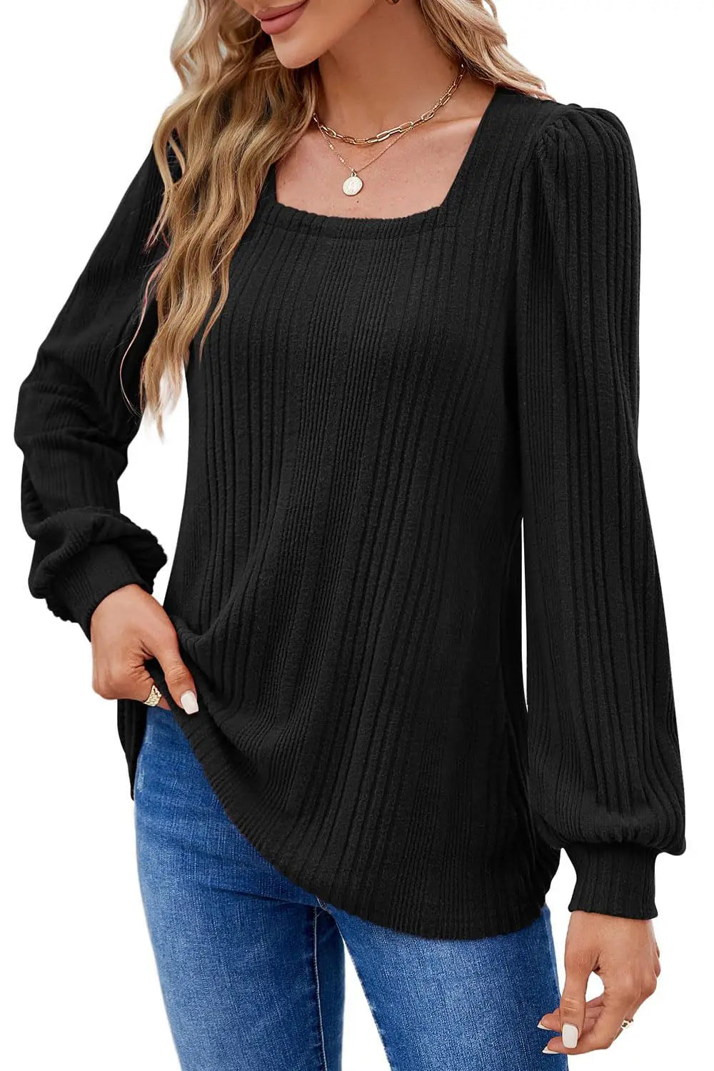 Women's Autumn Winter Casual Long Sleeve Top with Pit Stripe Square Neck Design