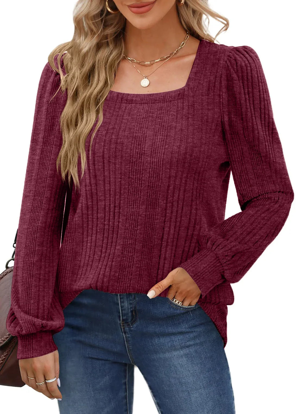 Women's Autumn Winter Casual Long Sleeve Top with Pit Stripe Square Neck Design