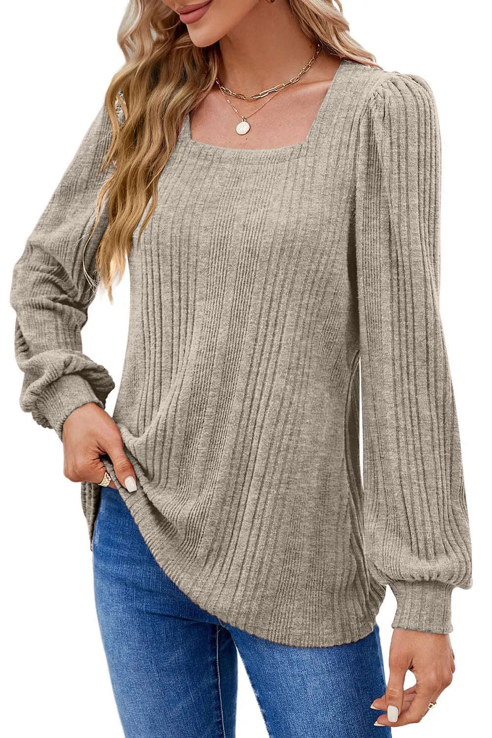 Women's Autumn Winter Casual Long Sleeve Top with Pit Stripe Square Neck Design