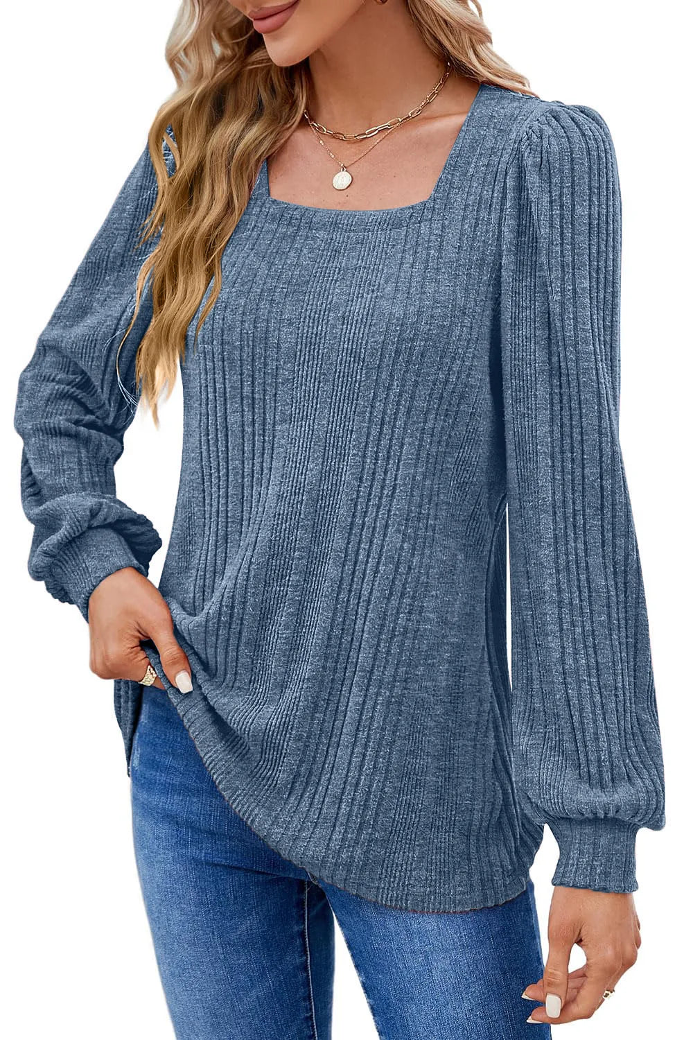 Women's Autumn Winter Casual Long Sleeve Top with Pit Stripe Square Neck Design