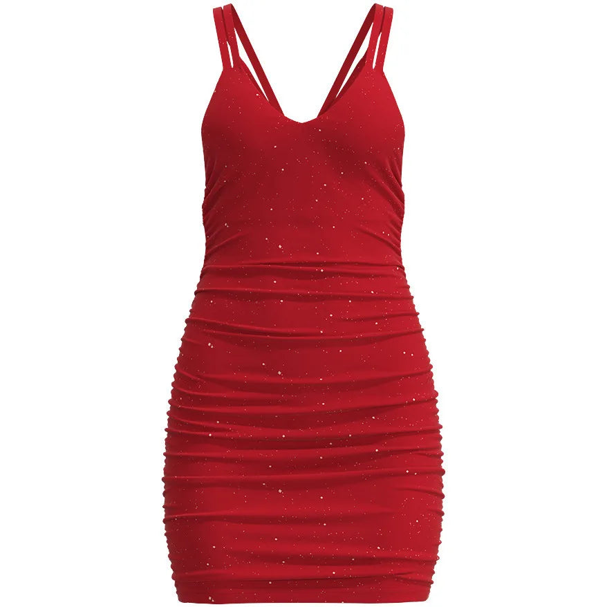 Elegant Sexy Girl Halter Dress with Vibrant Pure Color Hip Skirt