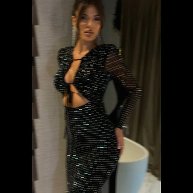 Autumn Winter Sequin Hollow Out Maxi Dress for Women Long Sleeve Lace Up Bodycon Party Club Wear Elegant Mesh Evening Gown