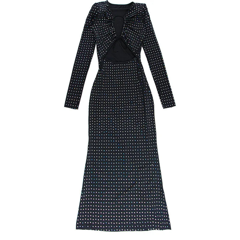 Autumn Winter Sequin Hollow Out Maxi Dress for Women Long Sleeve Lace Up Bodycon Party Club Wear Elegant Mesh Evening Gown