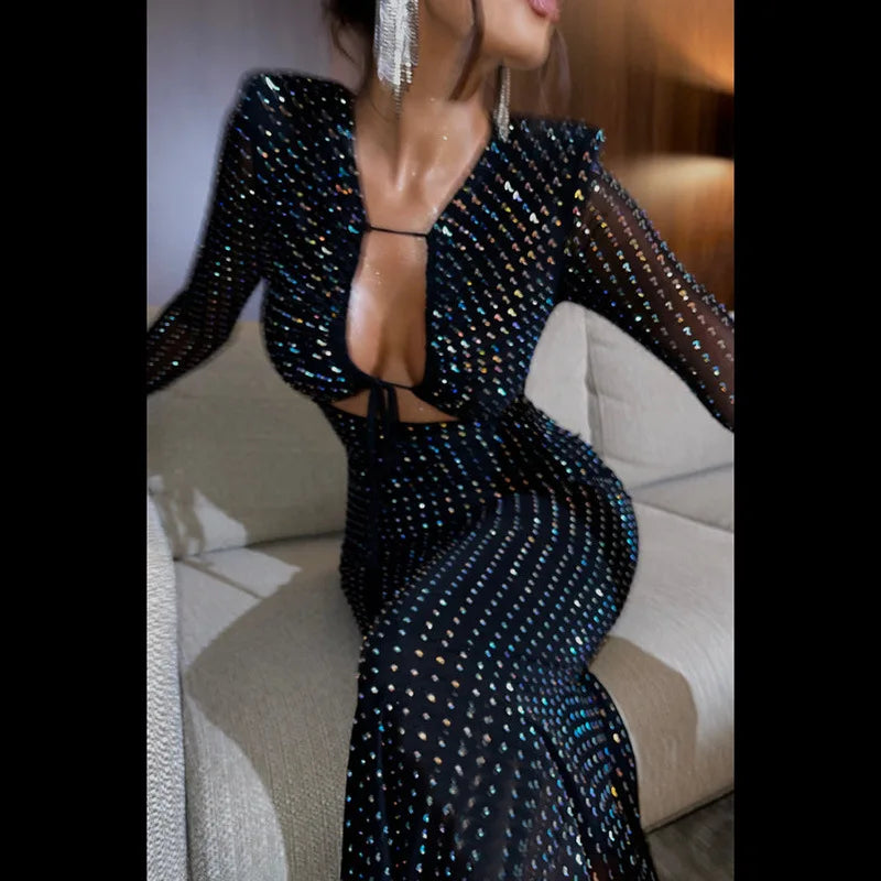Autumn Winter Sequin Hollow Out Maxi Dress for Women Long Sleeve Lace Up Bodycon Party Club Wear Elegant Mesh Evening Gown