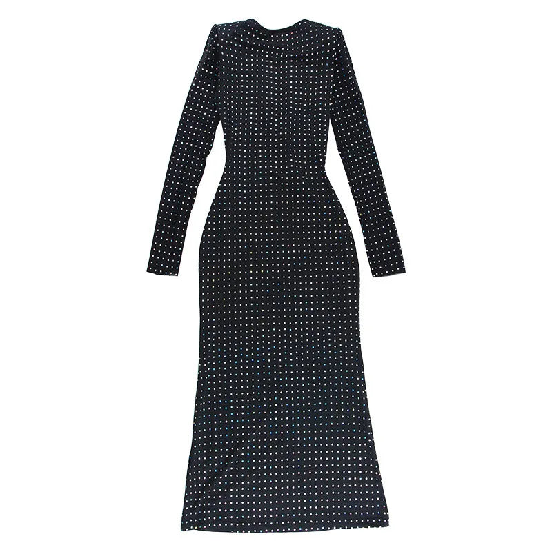 Autumn Winter Sequin Hollow Out Maxi Dress for Women Long Sleeve Lace Up Bodycon Party Club Wear Elegant Mesh Evening Gown