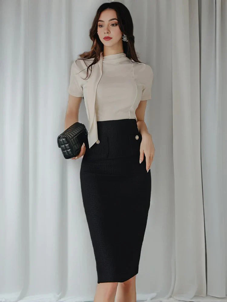 Chic Two Piece Knit Set for Women Stylish Knitted Top and Midi Skirt Elegant Office Lady Outfit