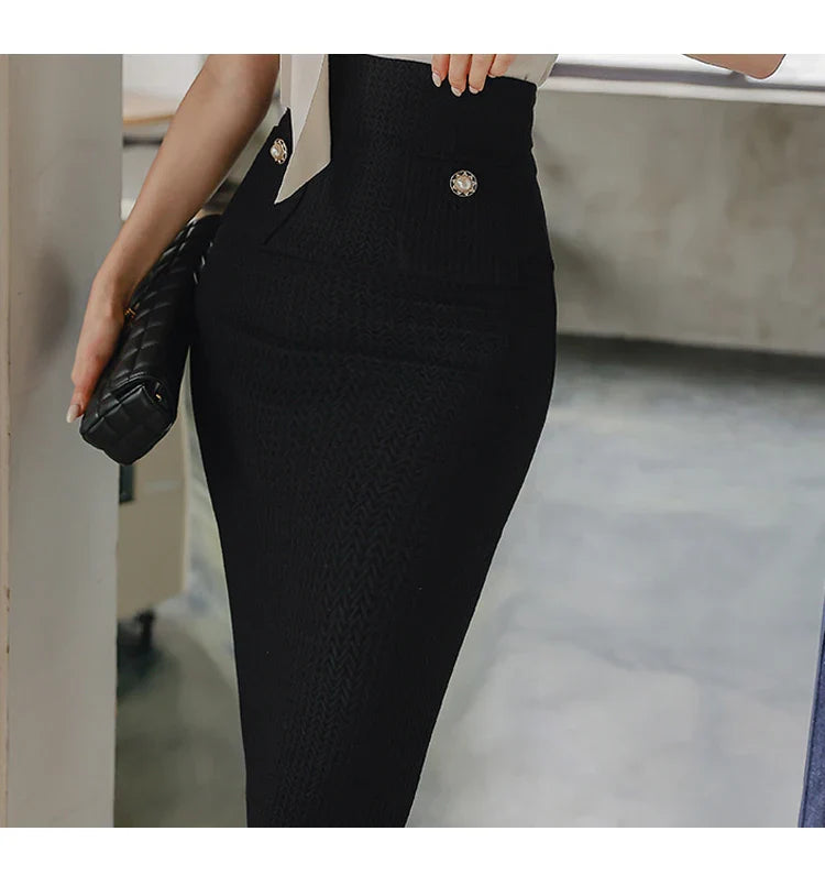 Chic Two Piece Knit Set for Women Stylish Knitted Top and Midi Skirt Elegant Office Lady Outfit