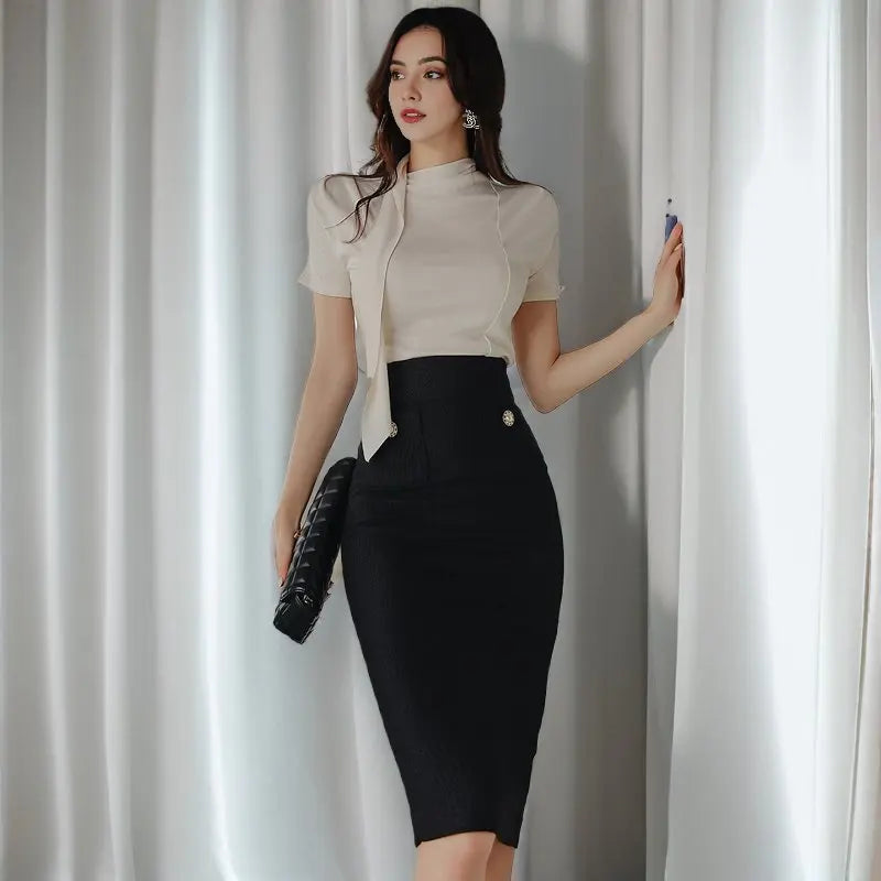 Chic Two Piece Knit Set for Women Stylish Knitted Top and Midi Skirt Elegant Office Lady Outfit