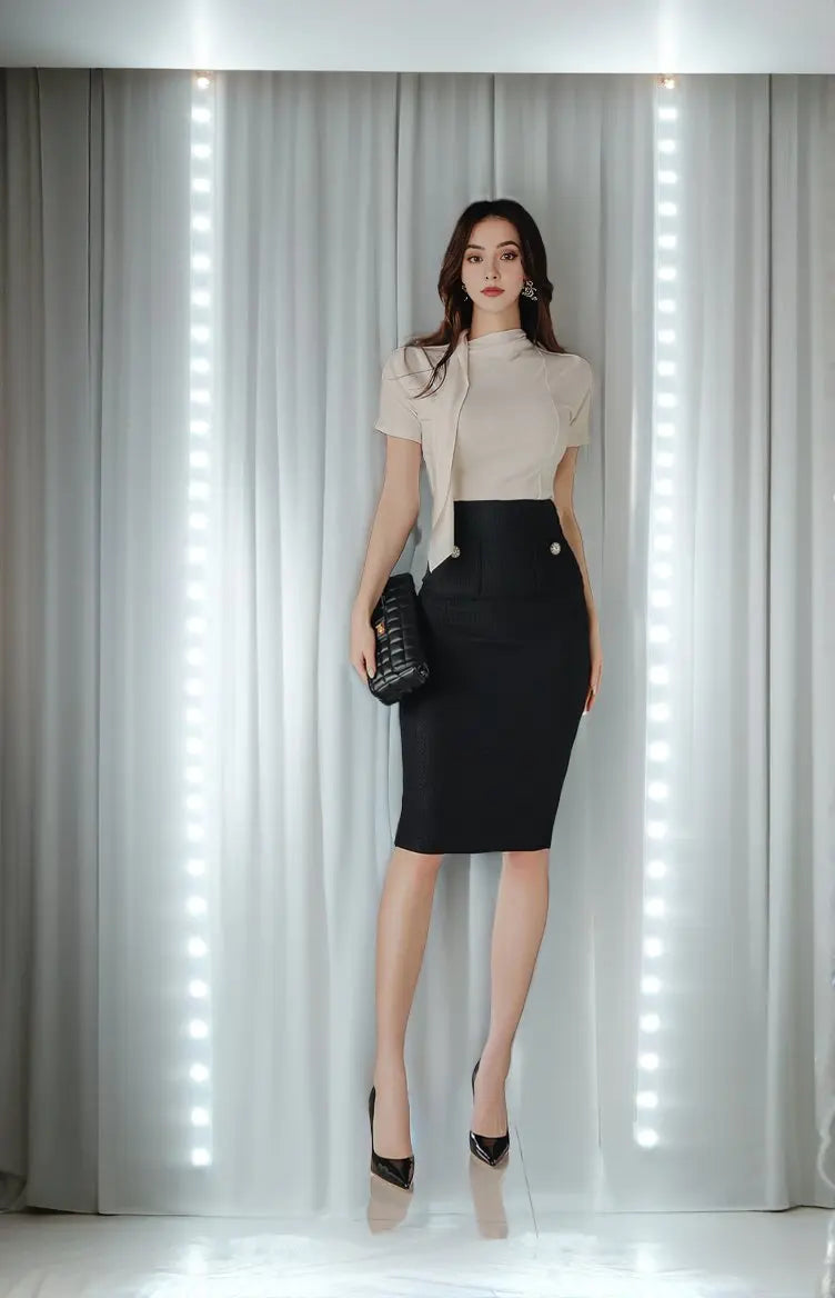 Chic Two Piece Knit Set for Women Stylish Knitted Top and Midi Skirt Elegant Office Lady Outfit