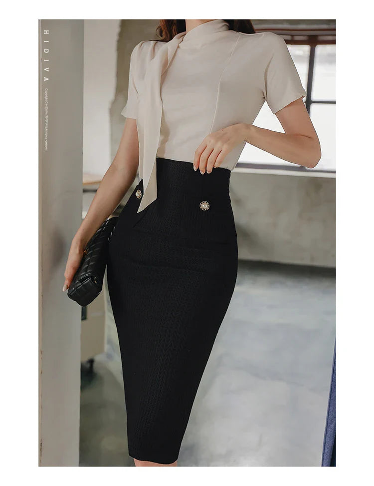 Chic Two Piece Knit Set for Women Stylish Knitted Top and Midi Skirt Elegant Office Lady Outfit