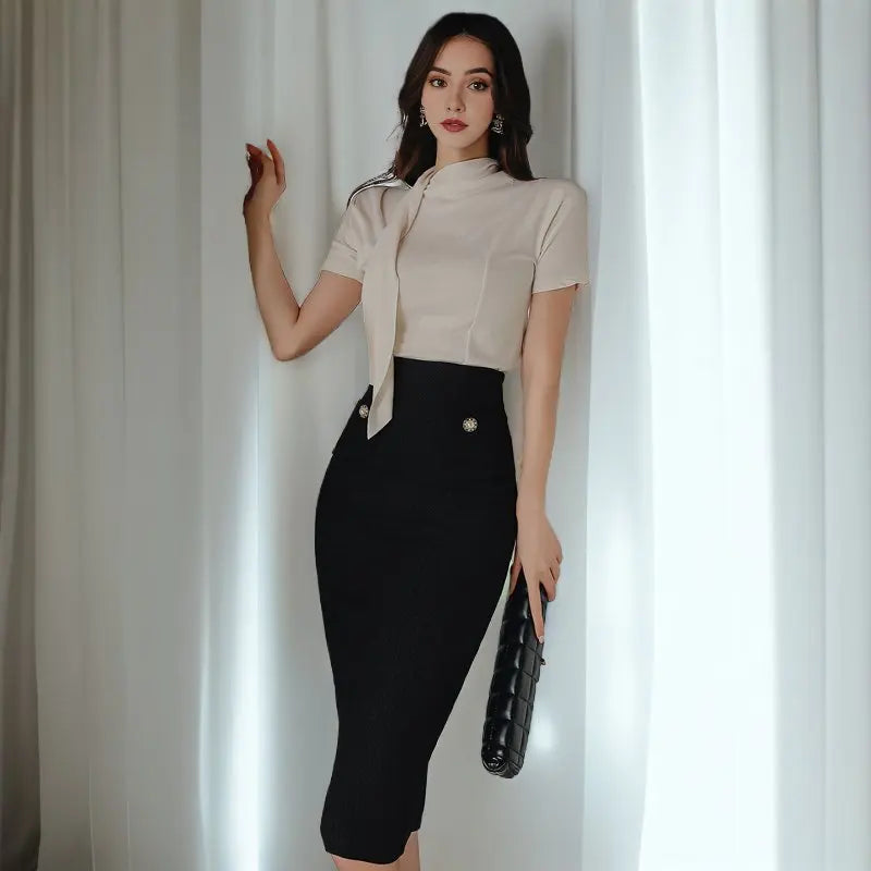 Chic Two Piece Knit Set for Women Stylish Knitted Top and Midi Skirt Elegant Office Lady Outfit